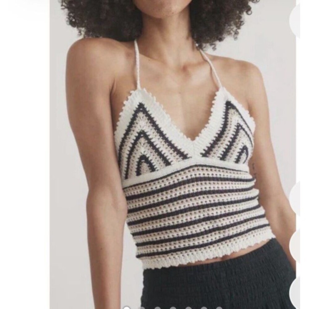 Marine Layer Archive Mia Crochet Halter Crop Top Size M Black Cream Boho NWT